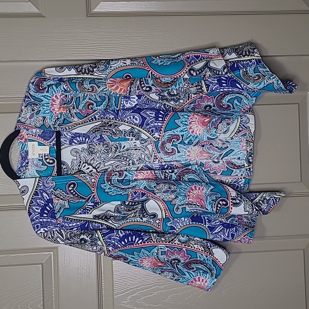 Chico's paisley floral print open waterfall front linen jacket size one or 6/8